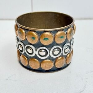 Vintage Wide Bangle Bracelet Boho Cuff Bronze Silver Tone Statement Jewelry